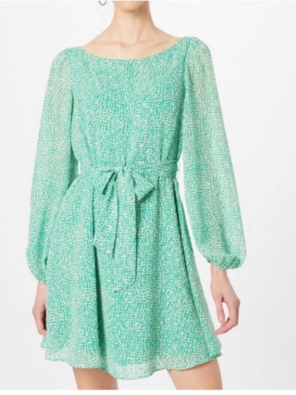 Traffic People green geometric print puff sleeve above knee dress, lined Small